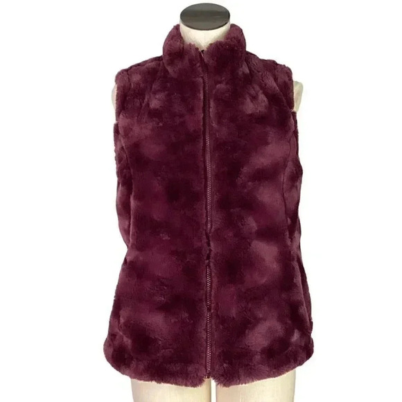 Nicole Miller Original Women S Fuax Fur Lined Reversible Quiled Zip Up Vest Wine - Picture 7 of 13